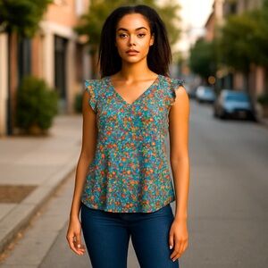 LOFT Blue and Red Blouse with Vibrant Design